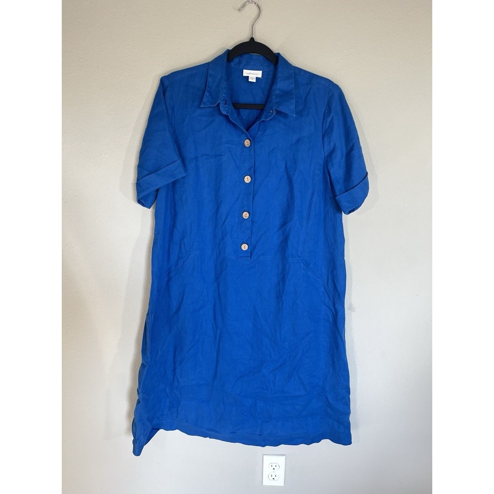 J Jill Midi Shirt Dress Size M Tall Blue 100% Linen Beach Minimalist Capsule